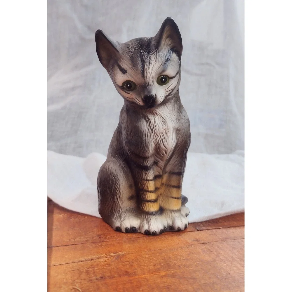 Vintage Ceramic Grey Tabby Cat and Kitten Figurine Set‎ Hand Painted Green Eyes